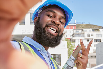 Buy stock photo Engineer, selfie and peace with a man outdoor in a city for architecture, building and construction. Face of a happy African male worker or technician for social media, profile picture or memory