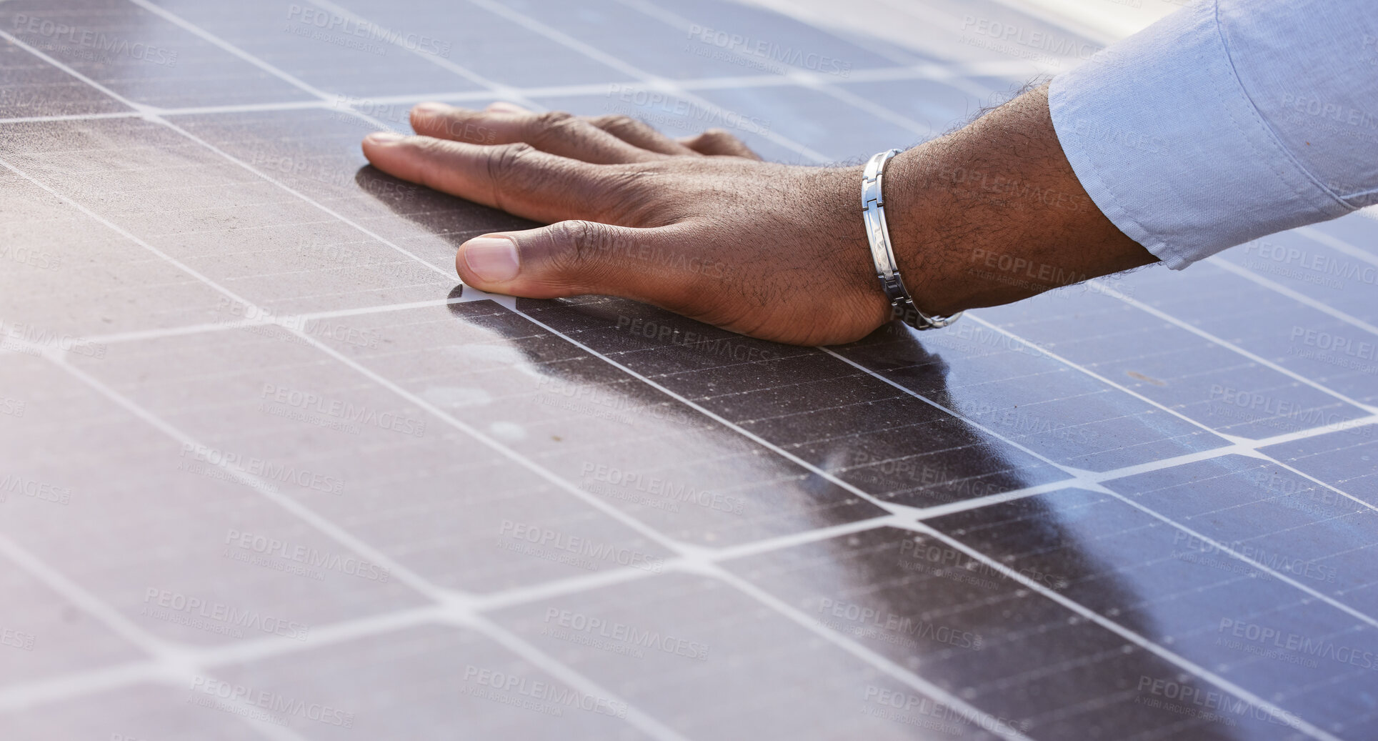 Buy stock photo Hand, solar panels and inspection with eco friendly power, electricity supply and renewable energy with sustainability. Person check grid, photovoltaic and environment, quality assurance and engineer