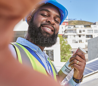 Buy stock photo Engineer, selfie and smile of a man outdoor in a city for architecture, building and construction. Face of a happy African male worker or technician for social media, profile picture or development