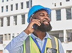 Engineering, phone call and happy with black man in city for architecture, communication and contact. Building, construction and project management with contractor for technology and connection