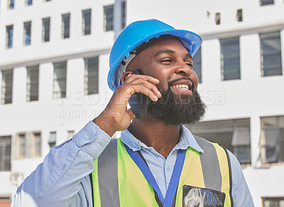 Buy stock photo Engineering, phone call and happy with black man in city for architecture, communication and contact. Building, construction and project management with contractor for technology and connection
