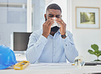 Sick architect, blowing nose or man in office or engineer with hay fever sneezing or illness in workplace. Civil engineering designer or manager with toilet paper tissue, allergy virus or flu disease