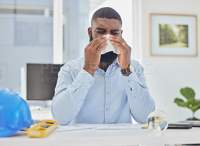 Buy stock photo Sick architect, blowing nose or man in office or engineer with hay fever sneezing or illness in workplace. Civil engineering designer or manager with toilet paper tissue, allergy virus or flu disease
