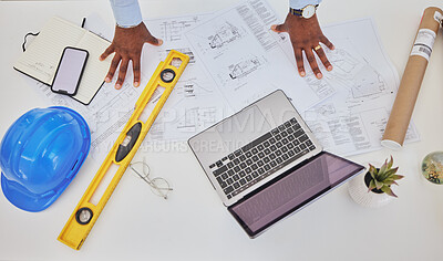 Buy stock photo Engineering, laptop or top view of hands in office for architecture, research or building design. Technology, man or  designer working online on project management, blueprint or construction planning