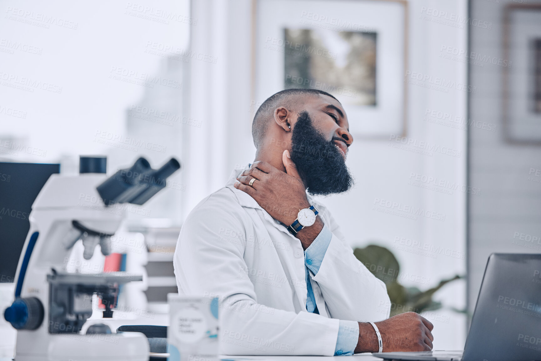 Buy stock photo Neck pain, scientist and man working in laboratory with stress, joint inflammation or arthritis risk. Tired african employee, science and muscle injury from tension, burnout or fatigue of bad posture