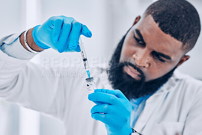 Buy stock photo Research, black man and vial with a syringe, medical and experiment for healthcare, analytics and vaccination. Person, scientist or research with syringe, test or pharmaceutical with vaccine expert 