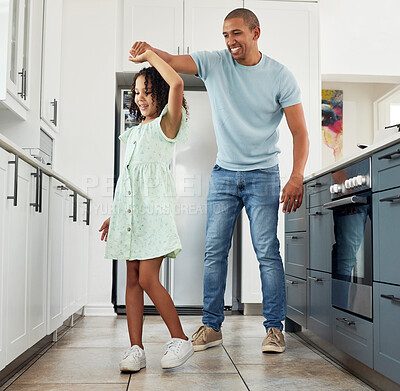 Buy stock photo Love, kitchen and father dancing with child in a in a home for care, happiness and bonding together in a house. Laughing, parent and dad playing with girl or kid as support spinning with energy