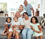 Interracial family, portrait and home with kids love, bonding and parent care with grandmother, mom and child. Happy, smile and living room with children and support together relax with grandparents 