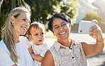 Mom, grandmother and baby take a selfie on holiday vacation for photography in summer together. Social media, mom and grandma bonding or taking outdoor pictures with kid for a happy family memory