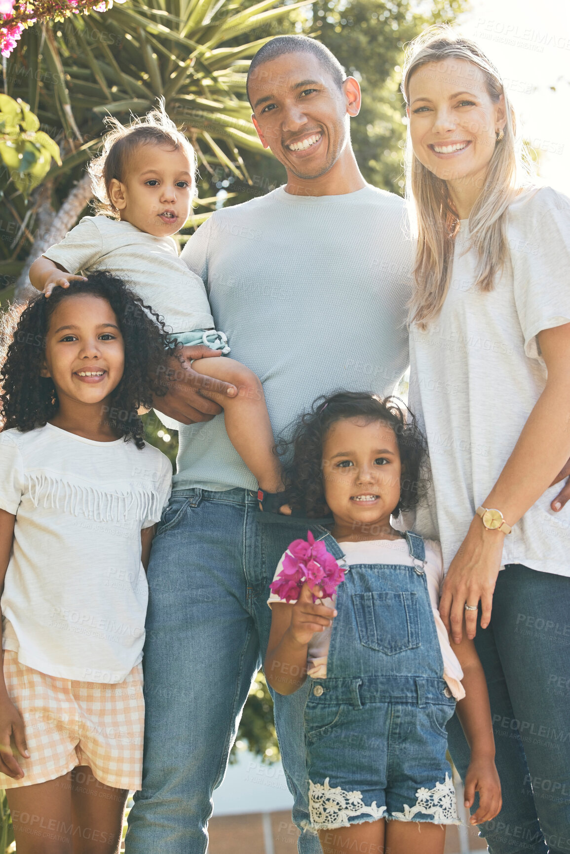 Buy stock photo Smile, parents or portrait of children in park with support, care or love in an interracial or blended family. `Happy, mom or proud dad outside to enjoy bonding in nature with girls, kids or siblings