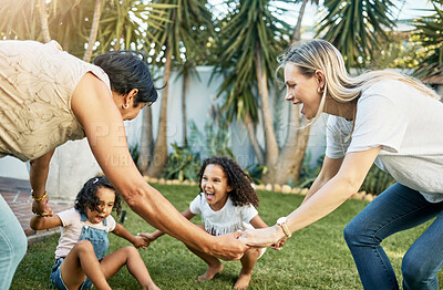 Buy stock photo Grandma, play or mom with children in backyard bonding as a happy family in a fun game with love. Laughing, grandmother or excited kids holding hands with parent or mother in garden outside at home