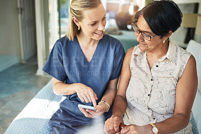 Buy stock photo Happy woman, nurse and phone in elderly care for support, consultation or healthcare diagnosis at home. Female person, caregiver or medical professional on mobile smartphone to help senior patient