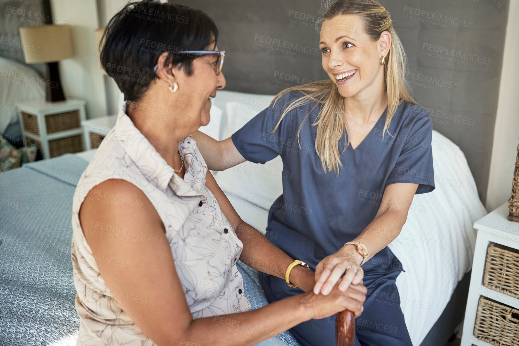 Buy stock photo Happy woman, nurse and elderly care in support, healthcare or retirement at old age home. Female person, caregiver or medical professional helping senior patient in consultation or health advice