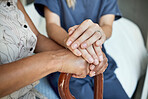 Support, nurse and holding hands with senior patient for hope, empathy and healthcare. Medical, compassion and kindness with closeup of people  in nursing home for volunteer, help and retirement