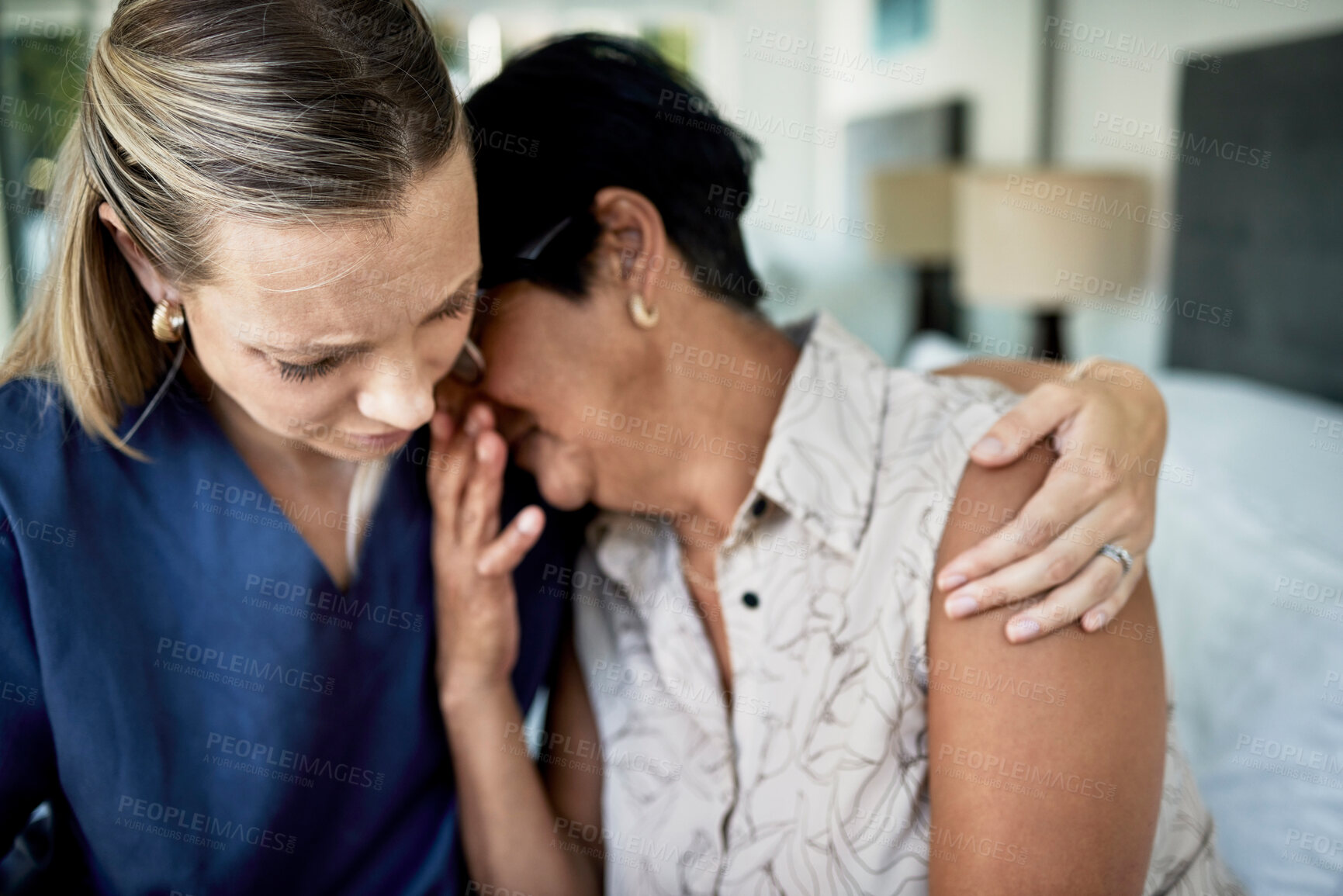 Buy stock photo Daughter, sad senior mother and hug in home, comfort or care with love, grief or loss with depression. Mom, woman and embrace for support, empathy and together for kindness, mental health and family