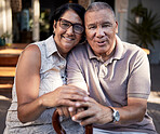 Portrait, love or happy old couple on outdoor date for bonding together in retirement with care. Senior, elderly man or mature woman hug to relax with support, peace or trust on a holiday vacation