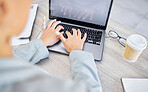 Hands, laptop and business woman with mockup in home office for design, advertising or marketing space. Keyboard, typing and social media financial influencer with screen for blog content creation