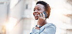Business, phone call and black woman in city with smile, conversation and mobile networking on mockup space. Banner, face and happy worker talk on smartphone for contact, chat and thinking in street 
