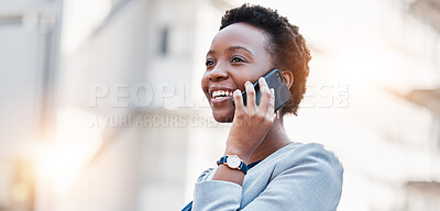 Buy stock photo Business, phone call and black woman in city with smile, conversation and mobile networking on mockup space. Banner, face and happy worker talk on smartphone for contact, chat and thinking in street 