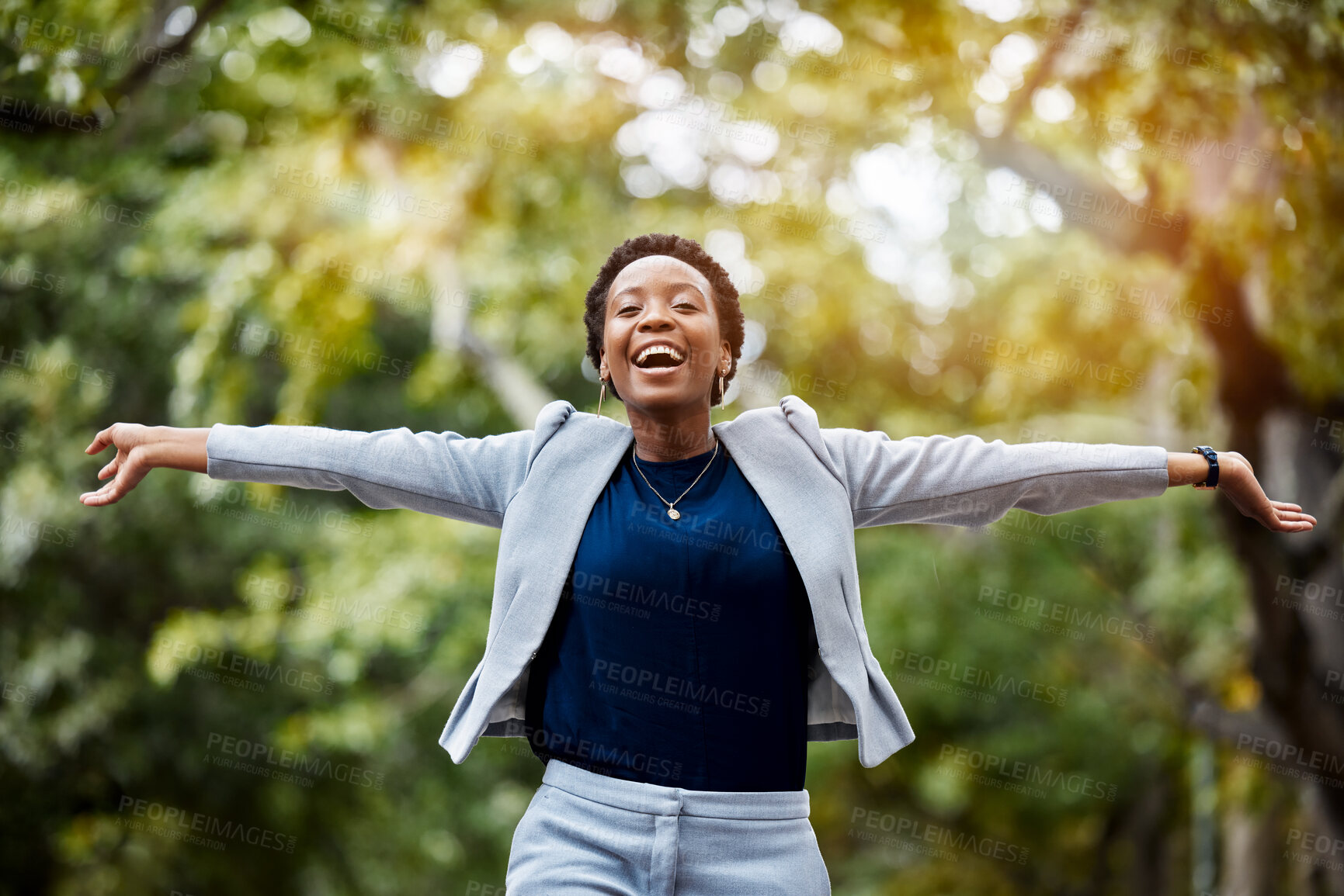 Buy stock photo Portrait, outdoor and black woman with celebration, business and achievement with success, goals and Happiness. Person, winner and girl with a prize, giveaway and promotion with a bonus and freedom