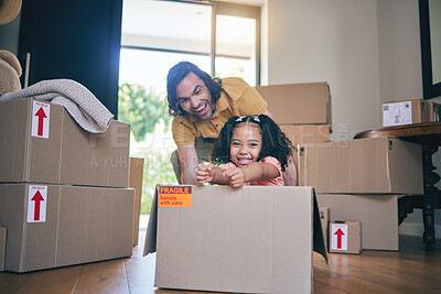 Buy stock photo Father, portrait and kid in box of new home for games, fun and freedom in real estate apartment. Excited dad, girl child and interracial family play in cardboard boxes for race while moving to house