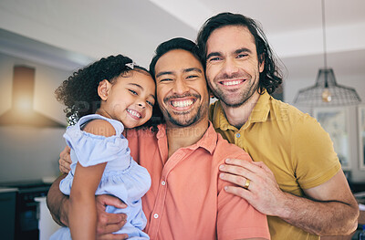 Buy stock photo LGBT, portrait and girl child hug parents, happy and smile while enjoying family time in their home together. Gay, love fathers with foster kid in a living room embrace, sweet and care in their house