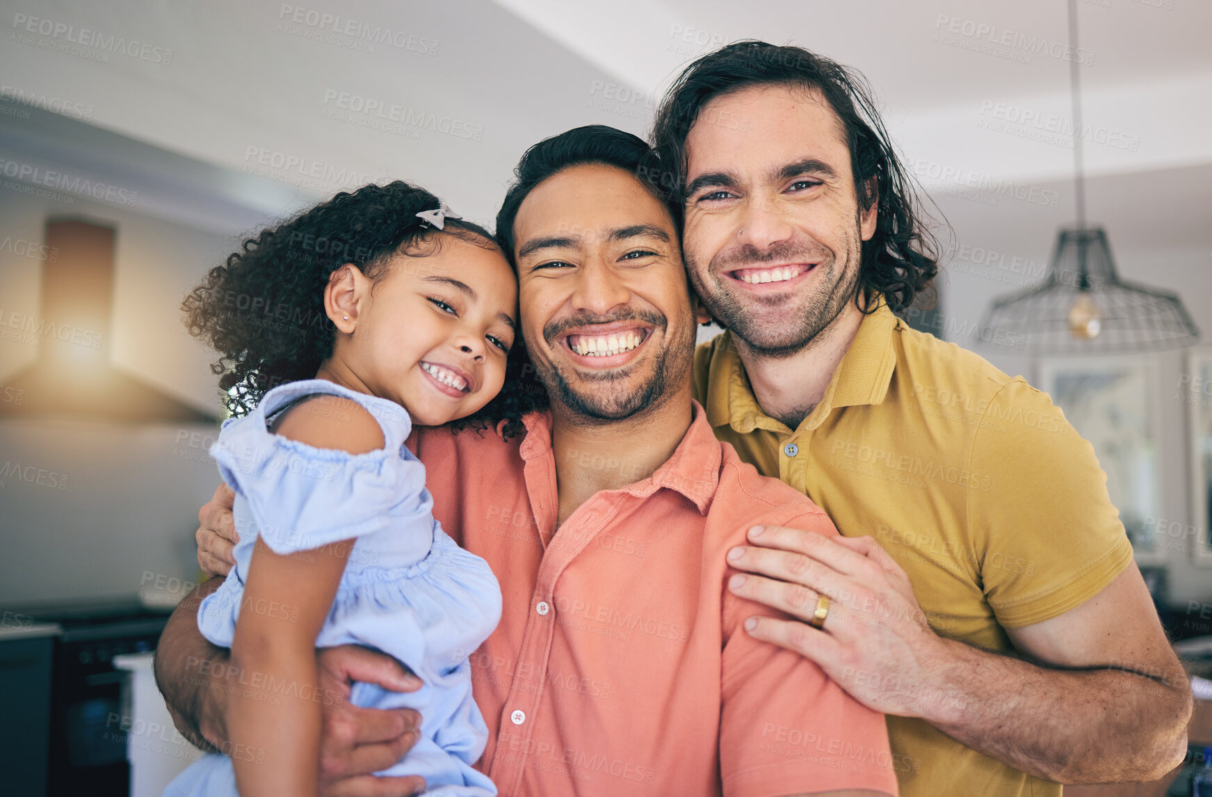 Buy stock photo LGBT, portrait and girl child hug parents, happy and smile while enjoying family time in their home together. Gay, love fathers with foster kid in a living room embrace, sweet and care in their house