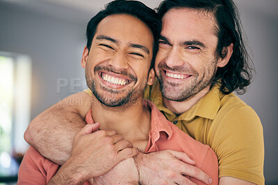 Buy stock photo Happy, portrait and gay couple hug, excited and sweet in their home with freedom on the weekend together. LGBT, love and face of man embrace boyfriend in a living room with care, romance and pride
