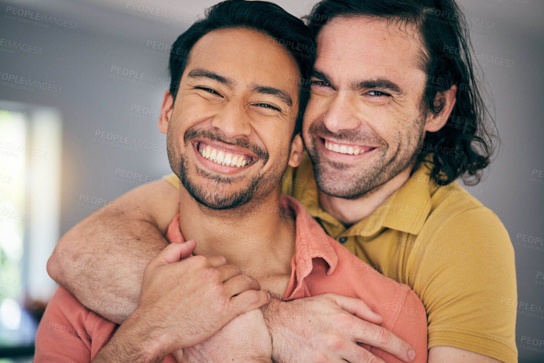 Buy stock photo Happy, portrait and gay couple hug, excited and sweet in their home with freedom on the weekend together. LGBT, love and face of man embrace boyfriend in a living room with care, romance and pride