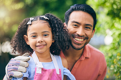 Buy stock photo Gardening, portrait of dad and child in backyard with plants, teaching and learning with growth in nature. Farming, smile on face and father with girl in vegetable garden with love, support and fun.