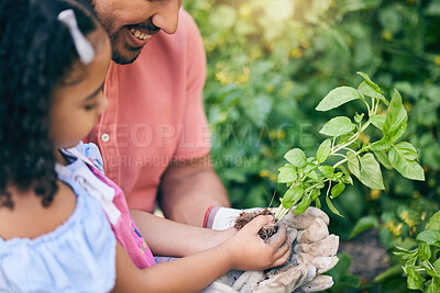 Buy stock photo Garden, plant grow and happy child, father or family gardening, nature care or agriculture in backyard on Earth Day. Leaves, outdoor sustainability and learning kid, dad or green family teaching girl
