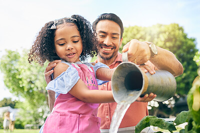 Buy stock photo Gardening, dad and girl watering plants, teaching and learning growth in nature together. Backyard, sustainability and father helping daughter water vegetable garden with love, support and kids fun.