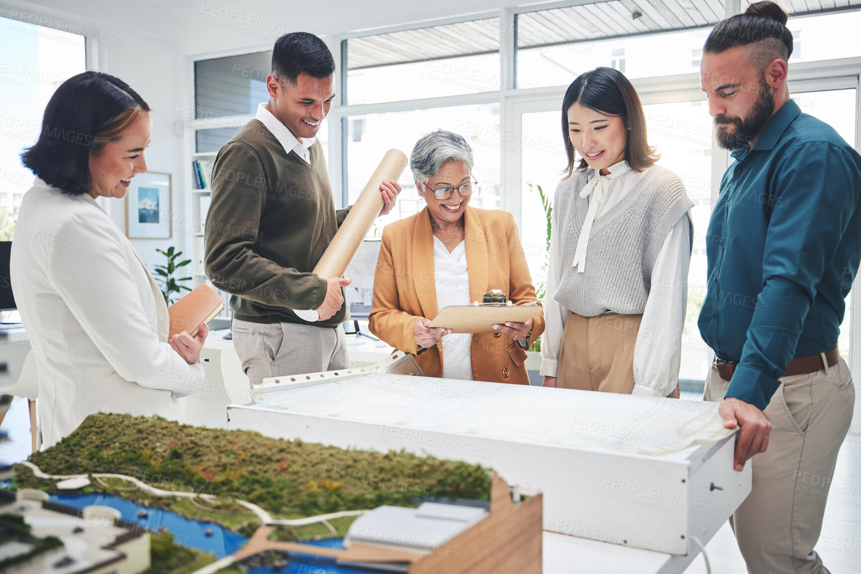 Buy stock photo Business, group and staff with blueprint, architecture or planning with teamwork, brainstorming or meeting for development. People, engineer or coworkers with paperwork, conversation or collaboration