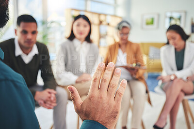 Buy stock photo Business people meeting, group and person with question gesture to ask strategy planning, advice or opinion. Collaboration, listening staff and team employee talking discussion and chat about sales