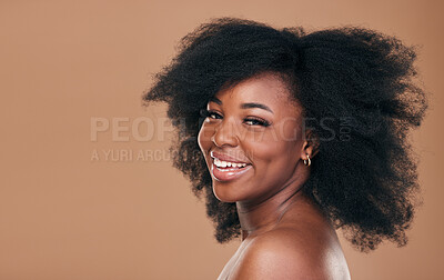 Buy stock photo Portrait, hair care and black woman with beauty, cosmetics and shine on brown studio background. Mockup space, person or African model with texture, afro or makeup with aesthetic, natural or wellness