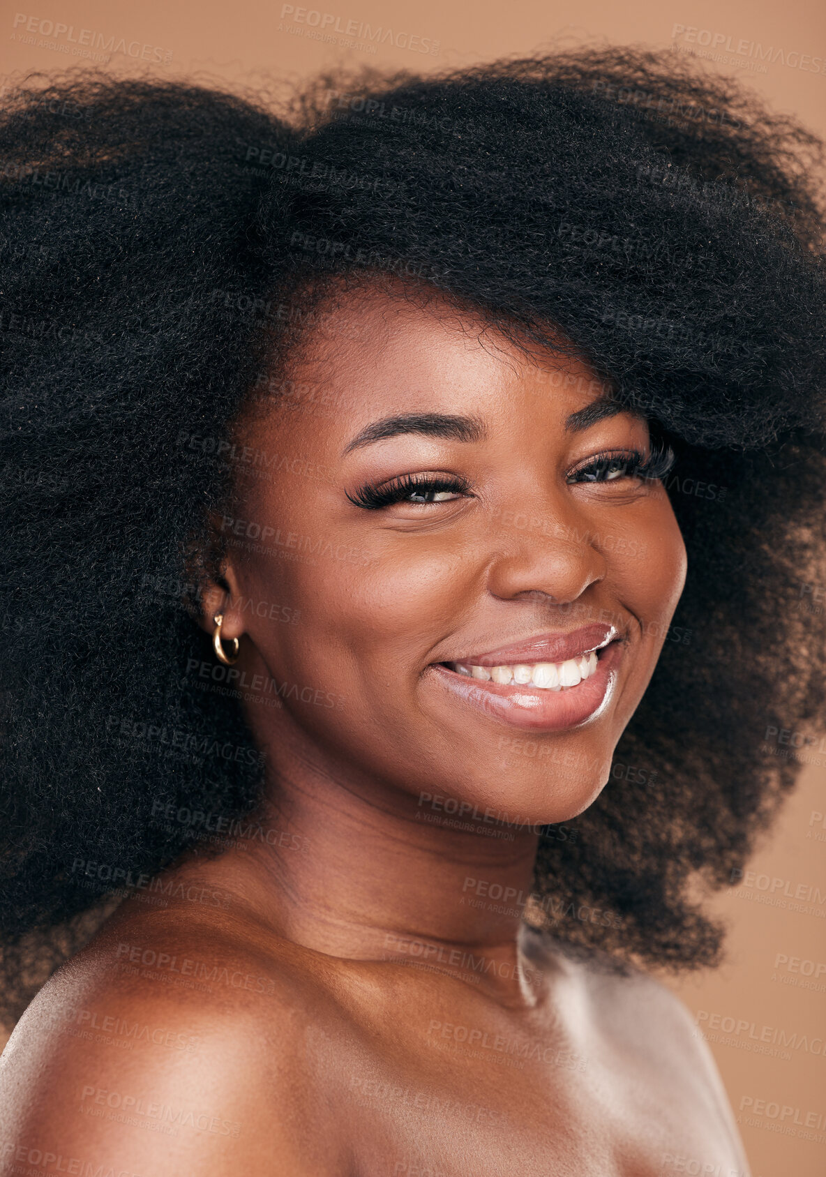 Buy stock photo Portrait, hair care and black woman with beauty, shine and wellness on brown studio background. Growth, person or African model with texture, afro or cosmetics with aesthetic, face or smile with glow