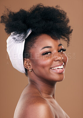 Buy stock photo Hair, smile and beauty portrait of a model black woman in studio on a brown background for natural cosmetics. Face, happy and haircare with a young afro female person indoor for shampoo treatment