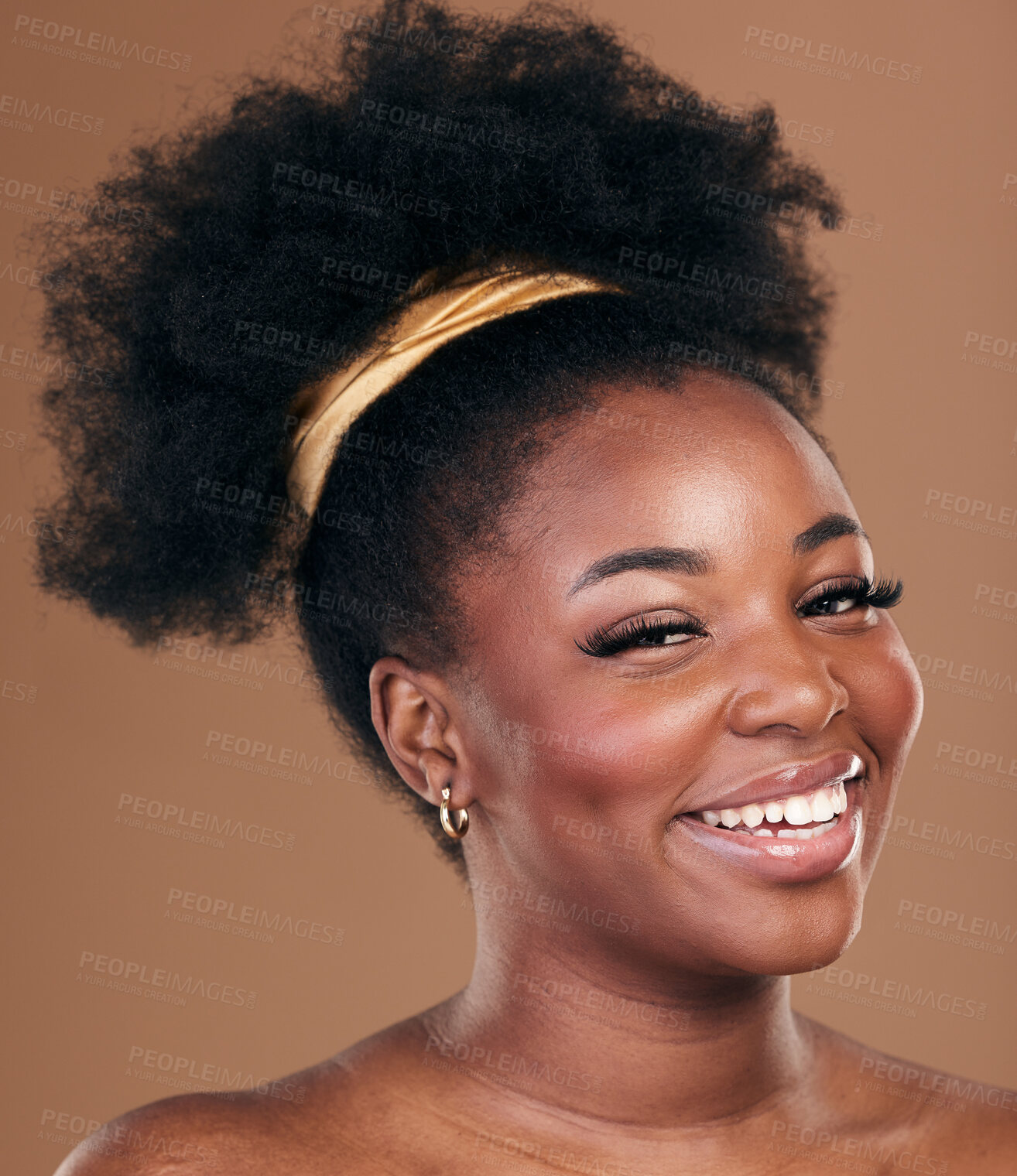 Buy stock photo Portrait, natural afro or happy black woman with hair care, self love or smile on a brown studio background. Hairstyle, healthy growth or African model with glow or beauty with aesthetic or wellness
