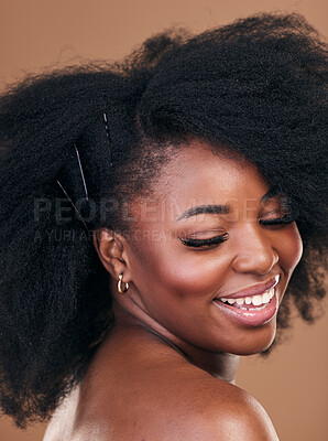 Buy stock photo Hair care, natural afro or happy black woman with self love, shine or smile on a brown studio background. Hairstyle, healthy growth or African model with glow or beauty with aesthetic or wellness