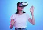 Glasses, virtual reality and woman in futuristic metaverse, 3d games in education or digital e learning. Young person or student in VR, high technology or vision with neon and blue, studio background