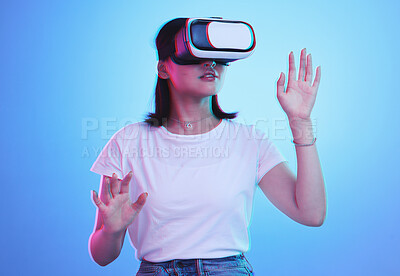 Buy stock photo Glasses, virtual reality and woman in futuristic metaverse, 3d games in education or digital e learning. Young person or student in VR, high technology or vision with neon and blue, studio background