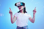 Woman, virtual reality and glasses for futuristic gaming, metaverse and user experience with high technology. Happy person press bubbles in VR fantasy, 3d vision and scifi on blue, studio background
