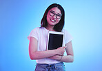 Young woman, student and tablet mockup for online education, e learning or study on blue, studio background. Asian person with digital technology, marketing space and university information on screen