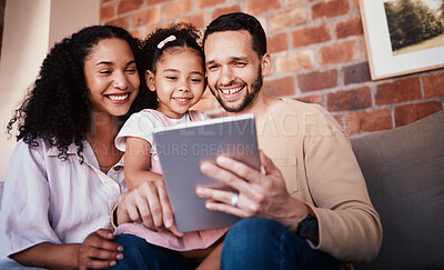 Buy stock photo Family, tablet and internet on home sofa for e learning, education and time together. A happy man, woman and kid in a lounge with technology for streaming video, movies or games online in Puerto Rico