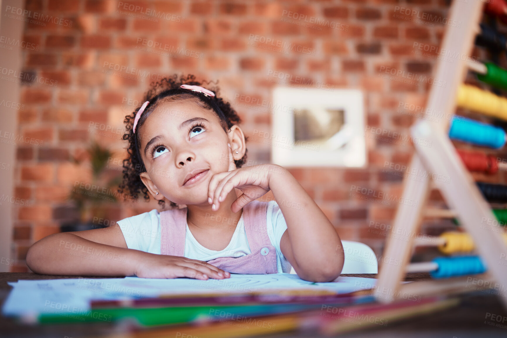 Buy stock photo Homework, thinking and child at home with study, learning and ideas for project. Young girl, problem solving and knowledge development at a house with student education and notes at table for school