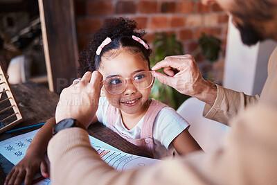Buy stock photo Glasses, smile and a child with a father and homework in a house with help and education. Happy, family and a father with eyewear for a girl kid during homeschool work, learning and teaching