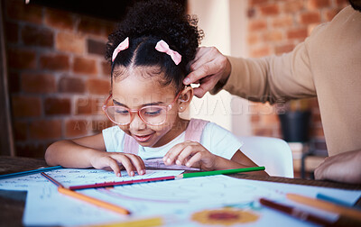 Buy stock photo Homework, drawing and child at home with parent, care and learning for project. Young girl, problem solving and knowledge at a house with student education, mother and notes at table for school