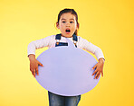 Girl child, thinking and speech bubble in studio with wow, news and mockup space by yellow background. Young female kid, poster or shock for promotion, review and opinion with vote for social media