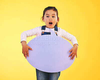 Buy stock photo Girl child, thinking and speech bubble in studio with wow, news and mockup space by yellow background. Young female kid, poster or shock for promotion, review and opinion with vote for social media