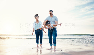 Buy stock photo Beach, airplane with father, child and mother, freedom with sunshine and family, happiness and together with games. Travel, adventure and playful, happy people bonding with energy and kid is flying